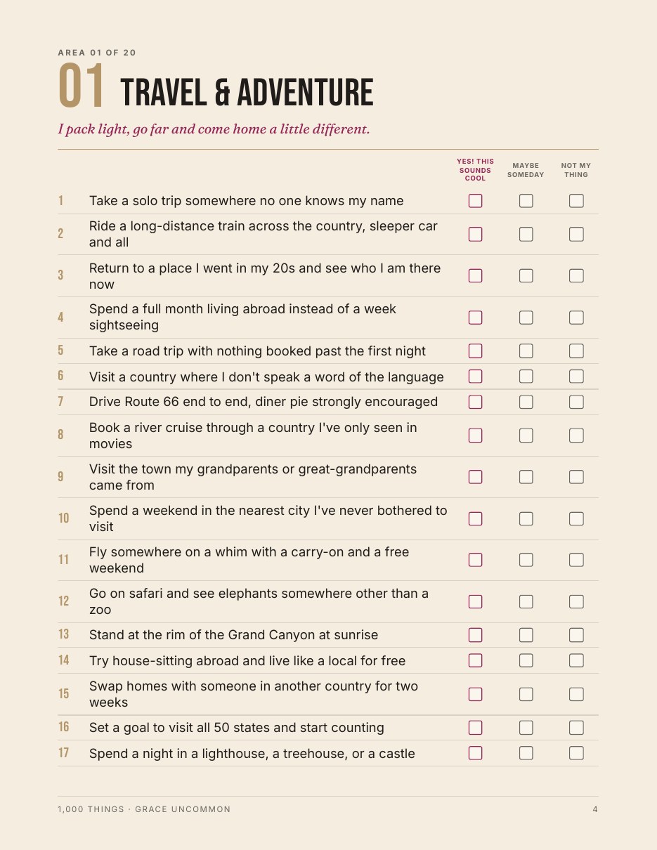 The Travel & Adventure checklist page from 1,000 Things, with Yes!, Maybe someday and Not my thing columns