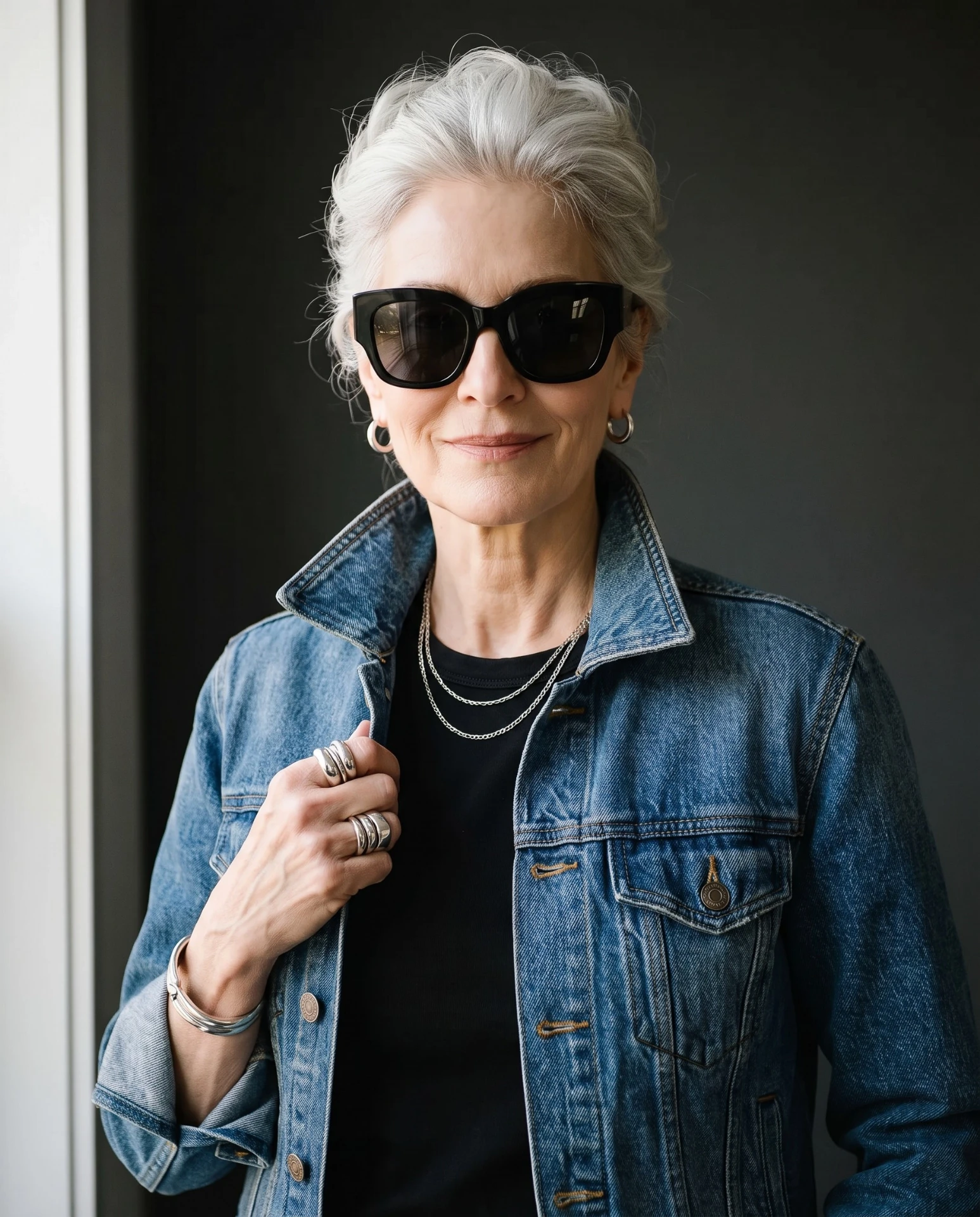 Grace Uncommon in sunglasses and a denim jacket, smiling slightly