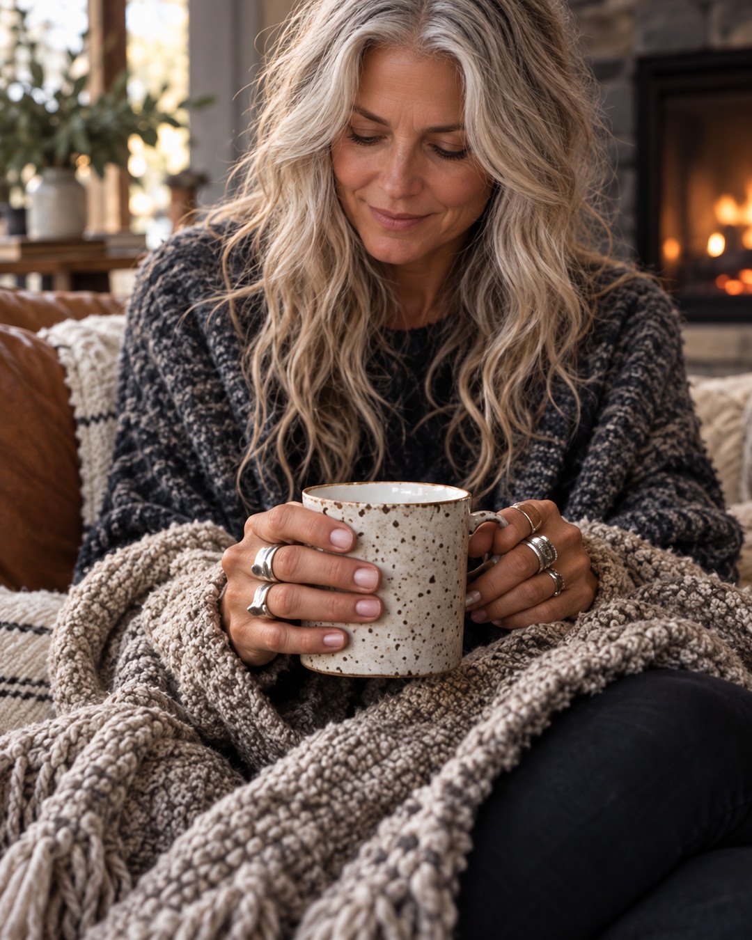 Grace Uncommon holding a speckled mug under a chunky knit throw by the fireplace