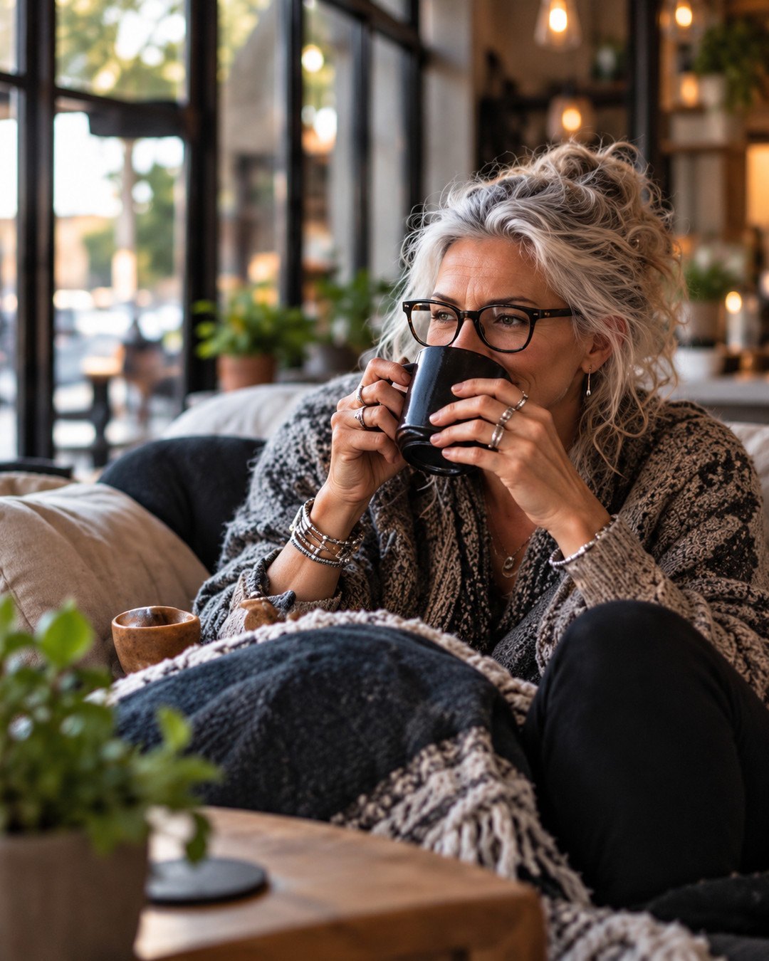 Grace Uncommon sipping coffee under a blanket on her sofa
