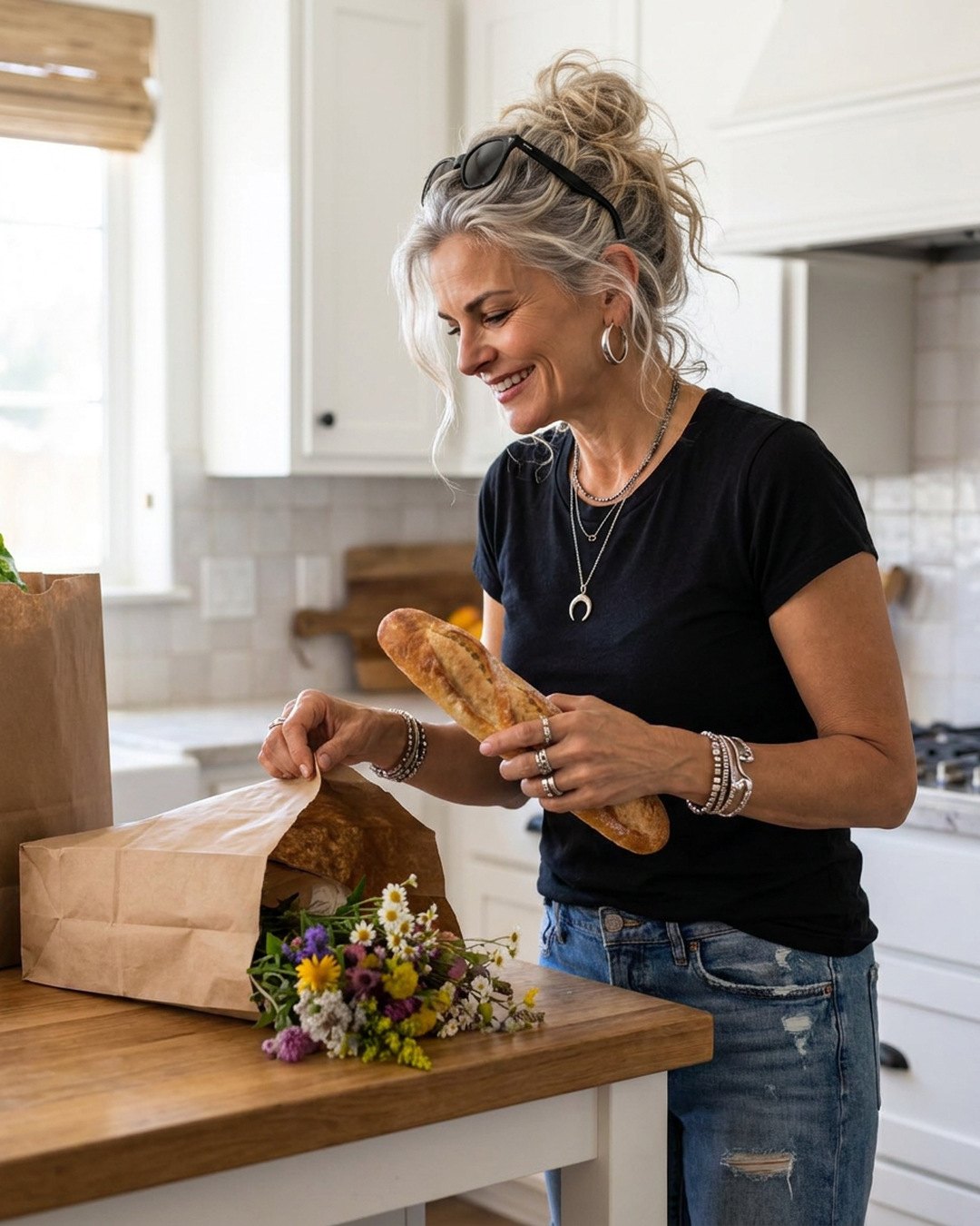Grace Uncommon unpacking a baguette and wildflowers in her kitchen