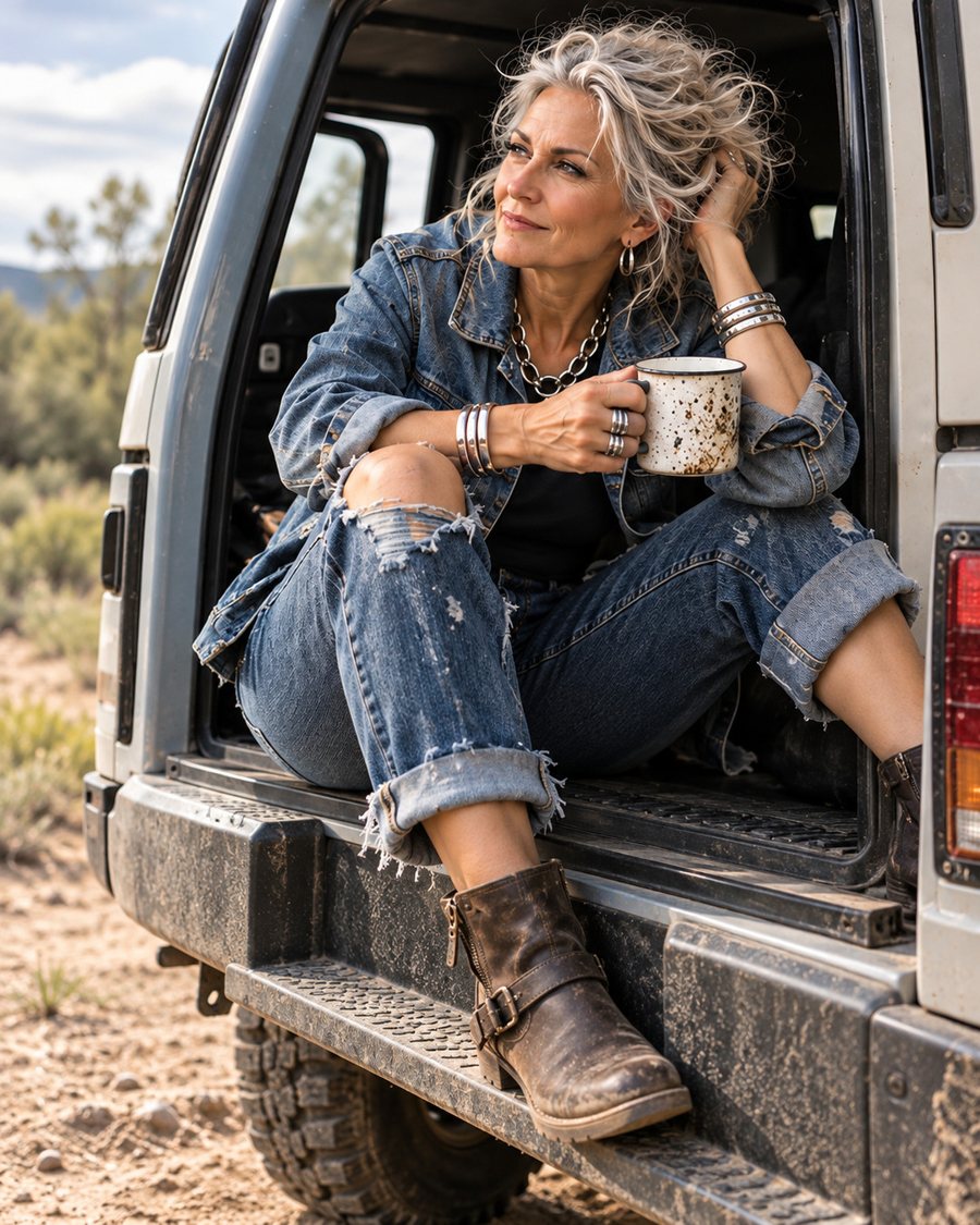 Grace Uncommon holding a mug on an open tailgate outdoors