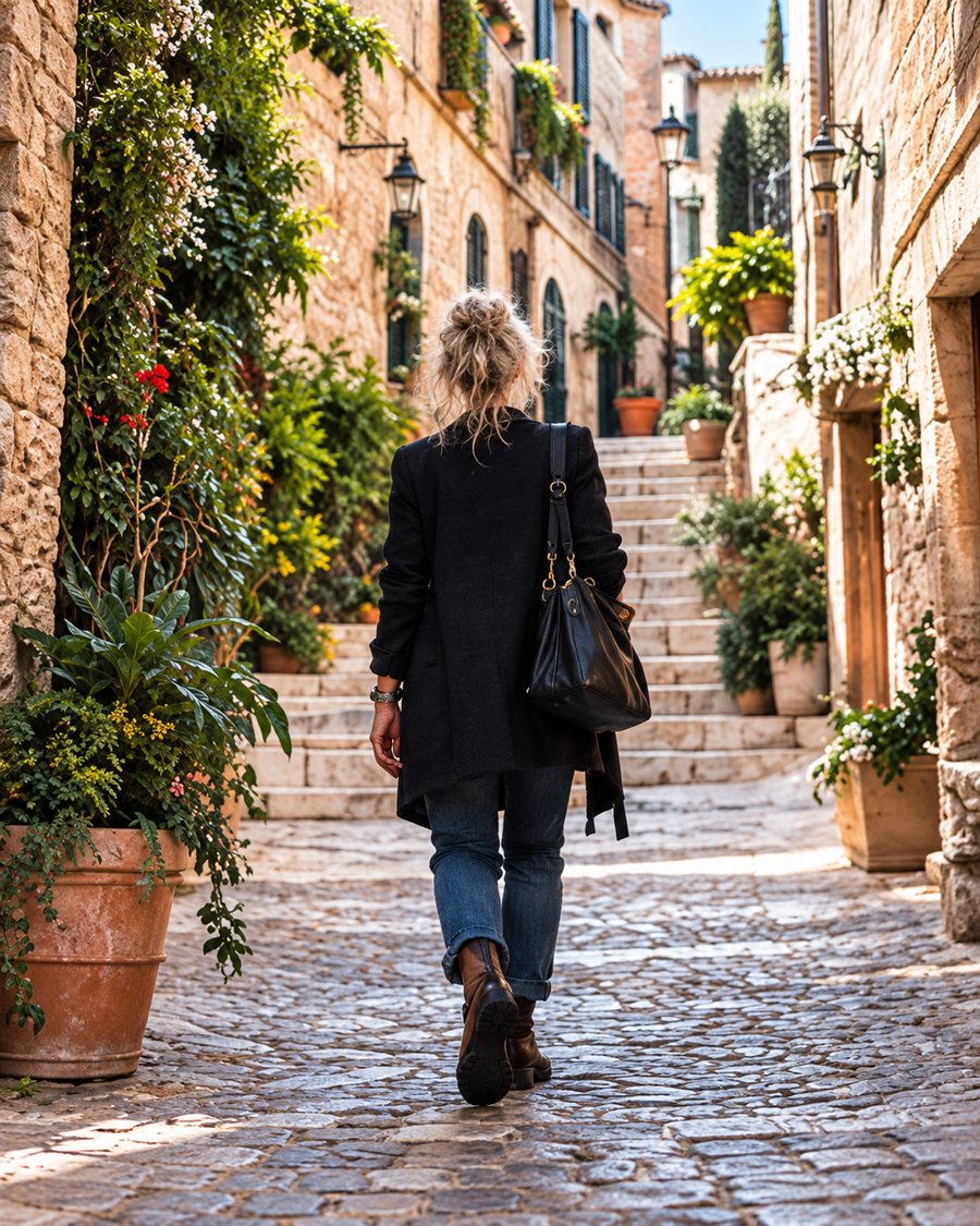 Grace Uncommon walking along a cobblestone lane with potted flowers