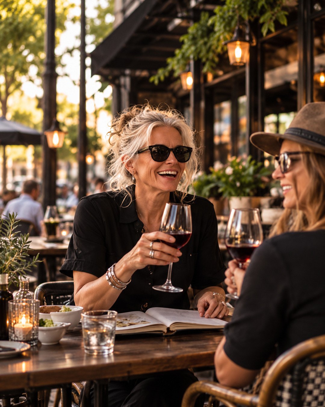 Grace Uncommon raising a glass of red wine with two women friends at a sidewalk café