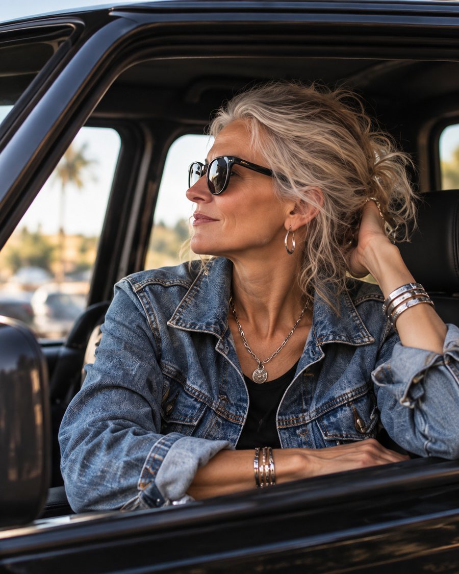 Grace Uncommon in a denim jacket looking out a car window