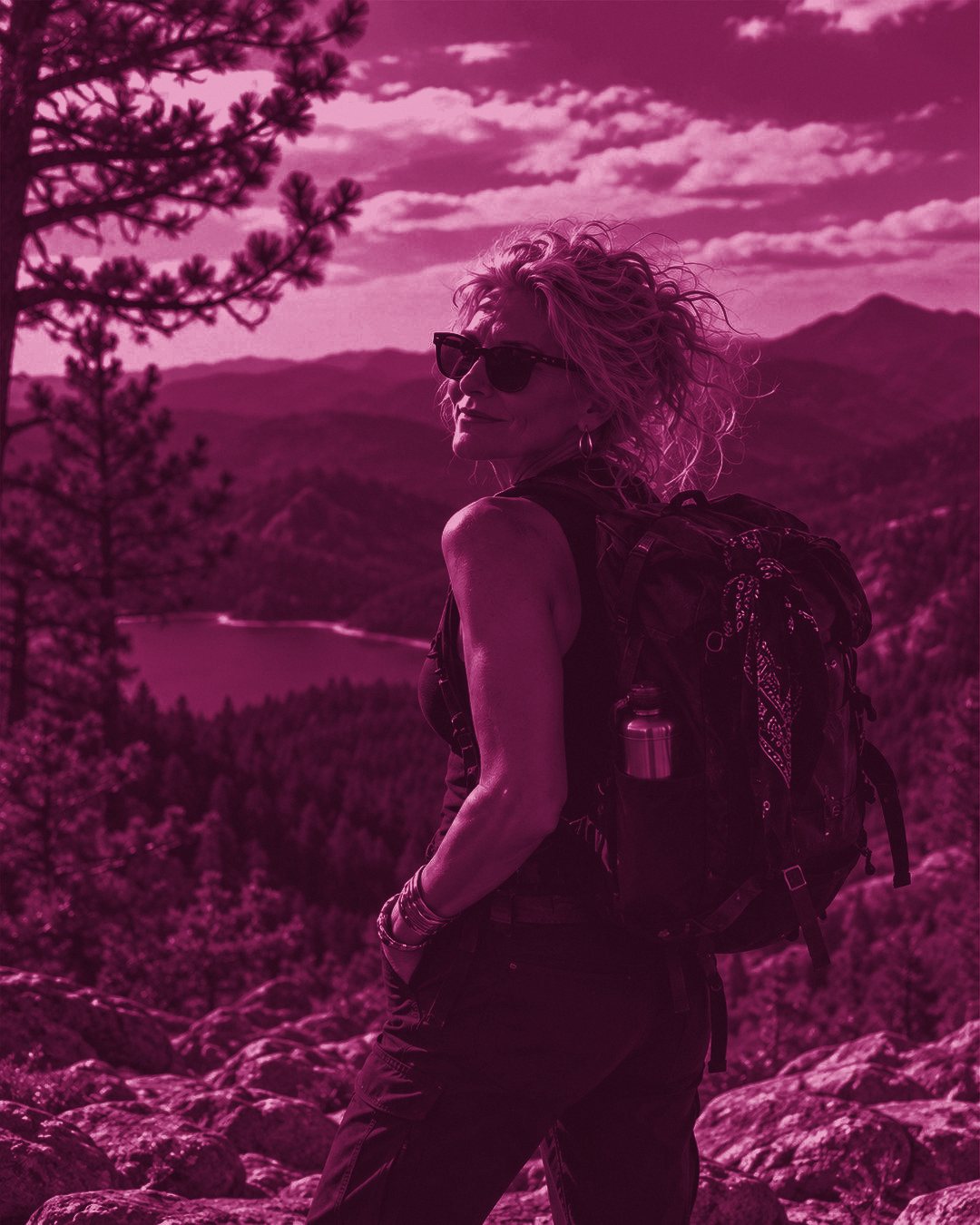 Grace Uncommon with a backpack looking out over a mountain lake