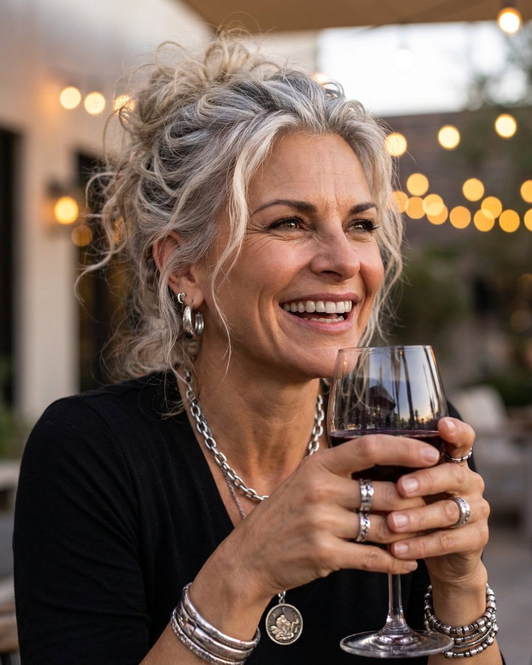 Grace Uncommon laughing with a glass of red wine under string lights at dusk