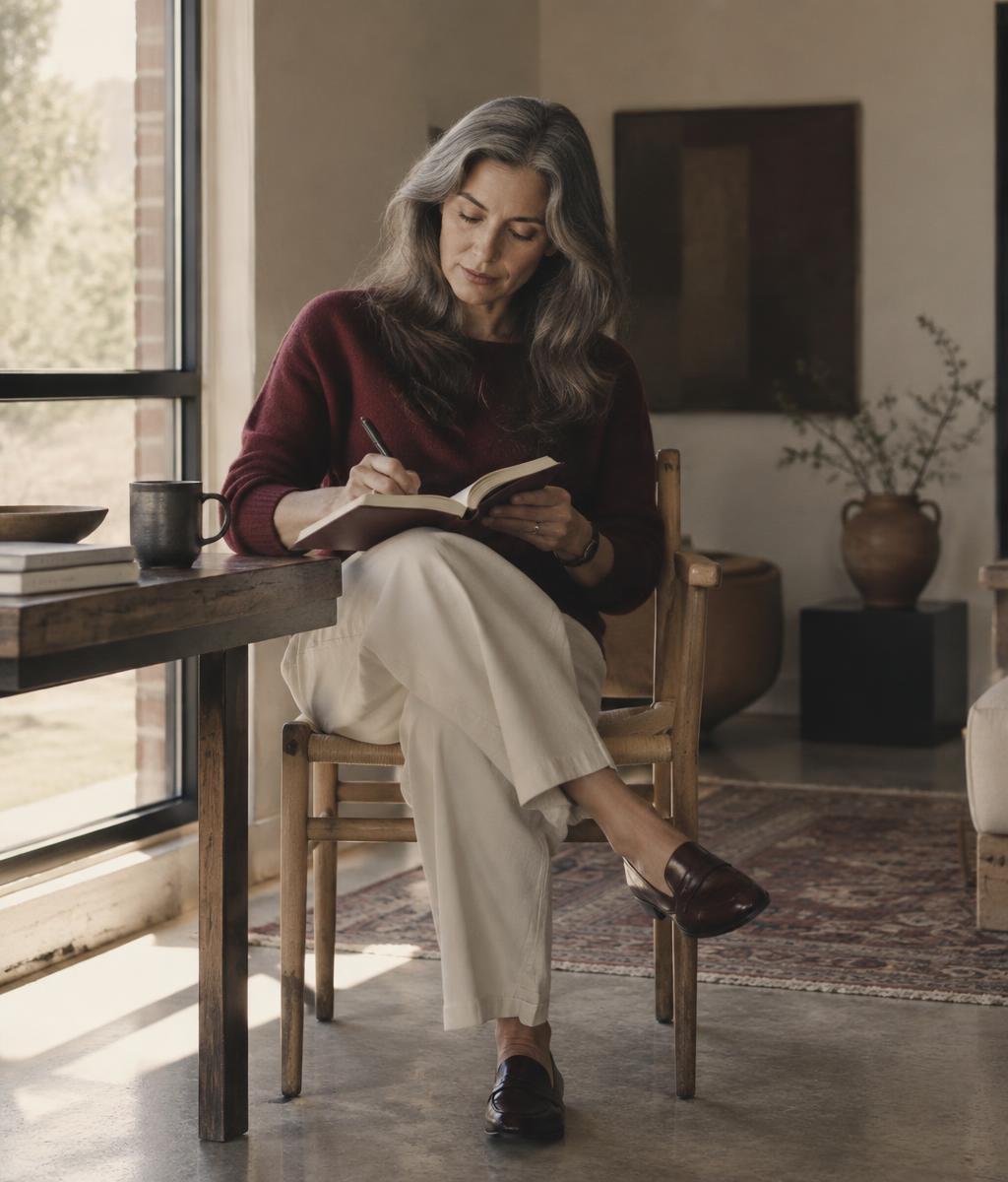 Grace Uncommon writing by hand in a notebook beside a sunlit window